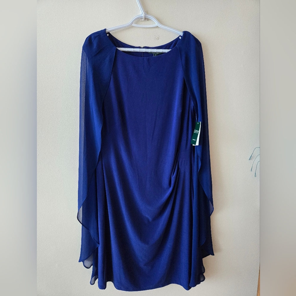 NWT Lauren Ralph Lauren 16 Blue Sleeveless Dress with Cape